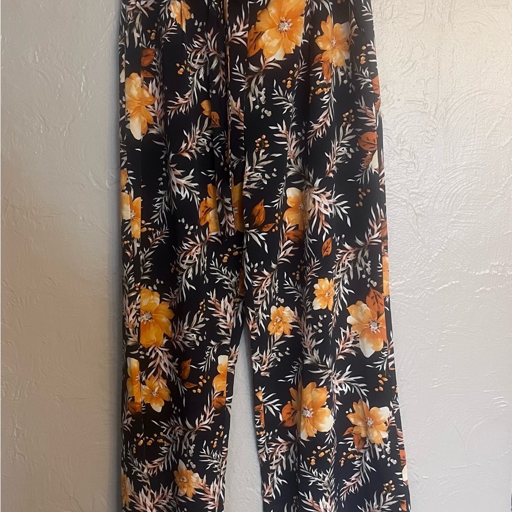 Blue Rain Floral Pull On Black & Orange Silky Straight Leg Pocketed Pants Medium